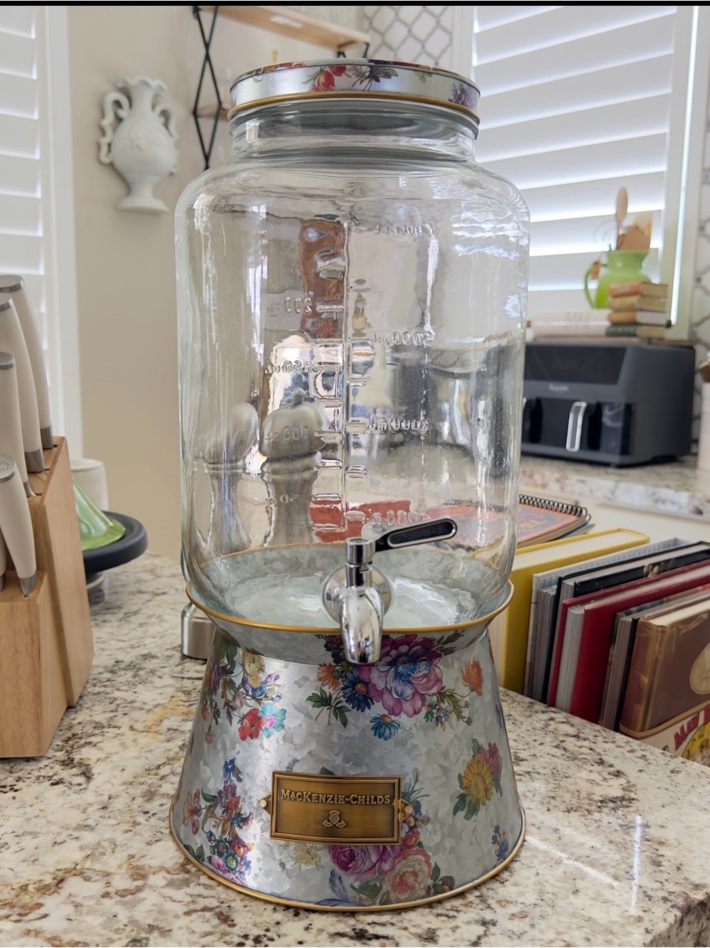 MacKenzie-Childs Floral Glass Drink Dispenser with Floral-Trimmed Base
